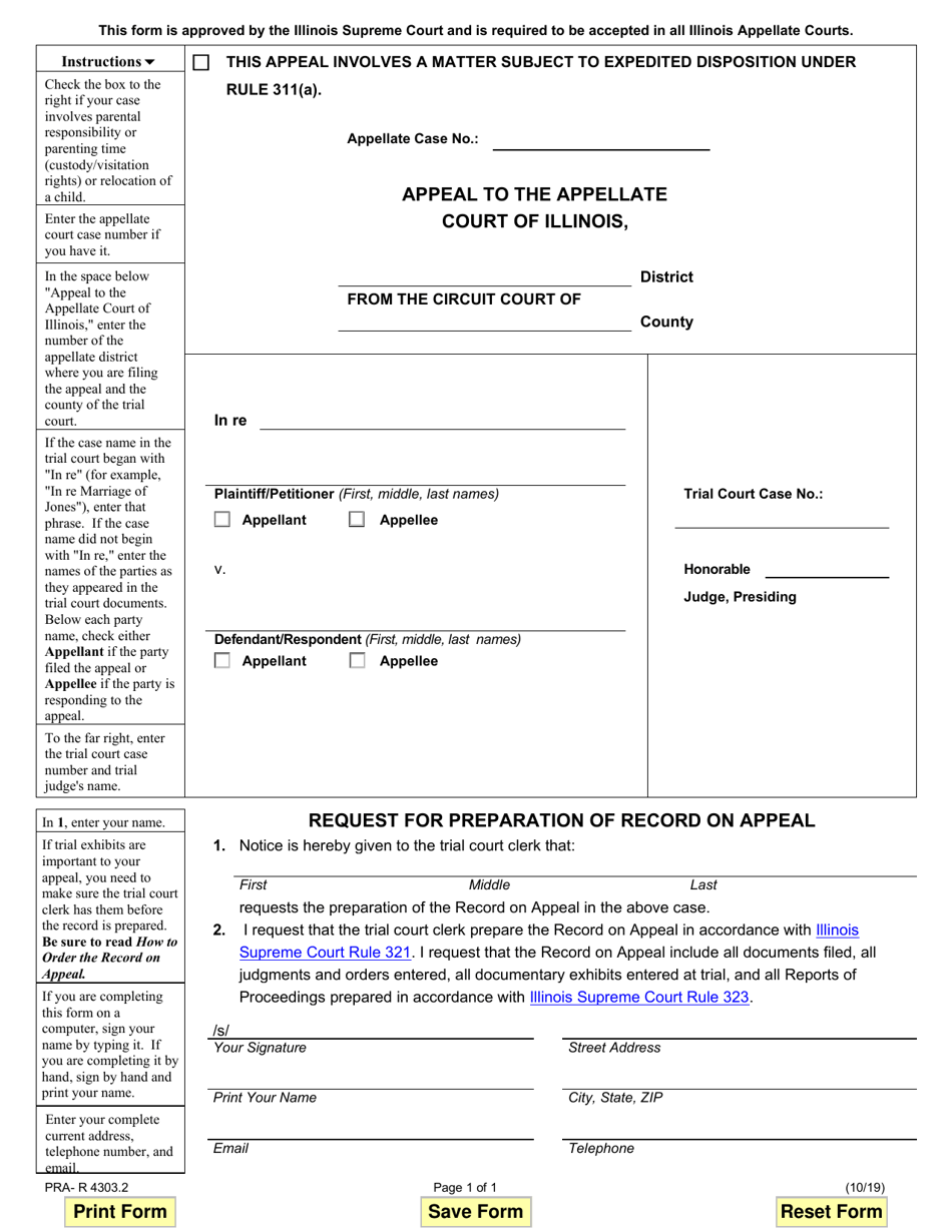 Form PRA-R4303.2 Request for Preparation of Record on Appeal - Illinois, Page 1