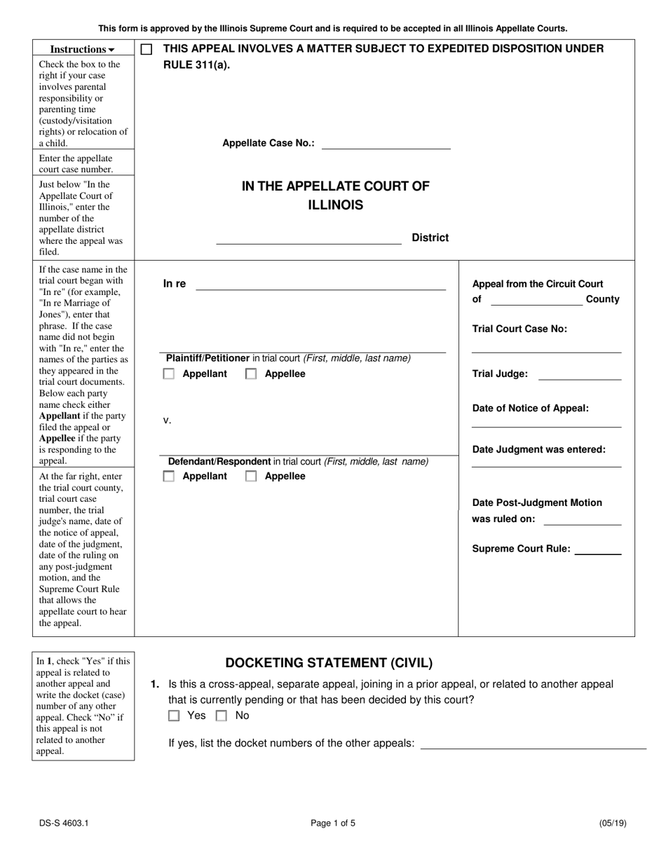 Form DS-S4603.1 Docketing Statement (Civil) - Illinois, Page 1