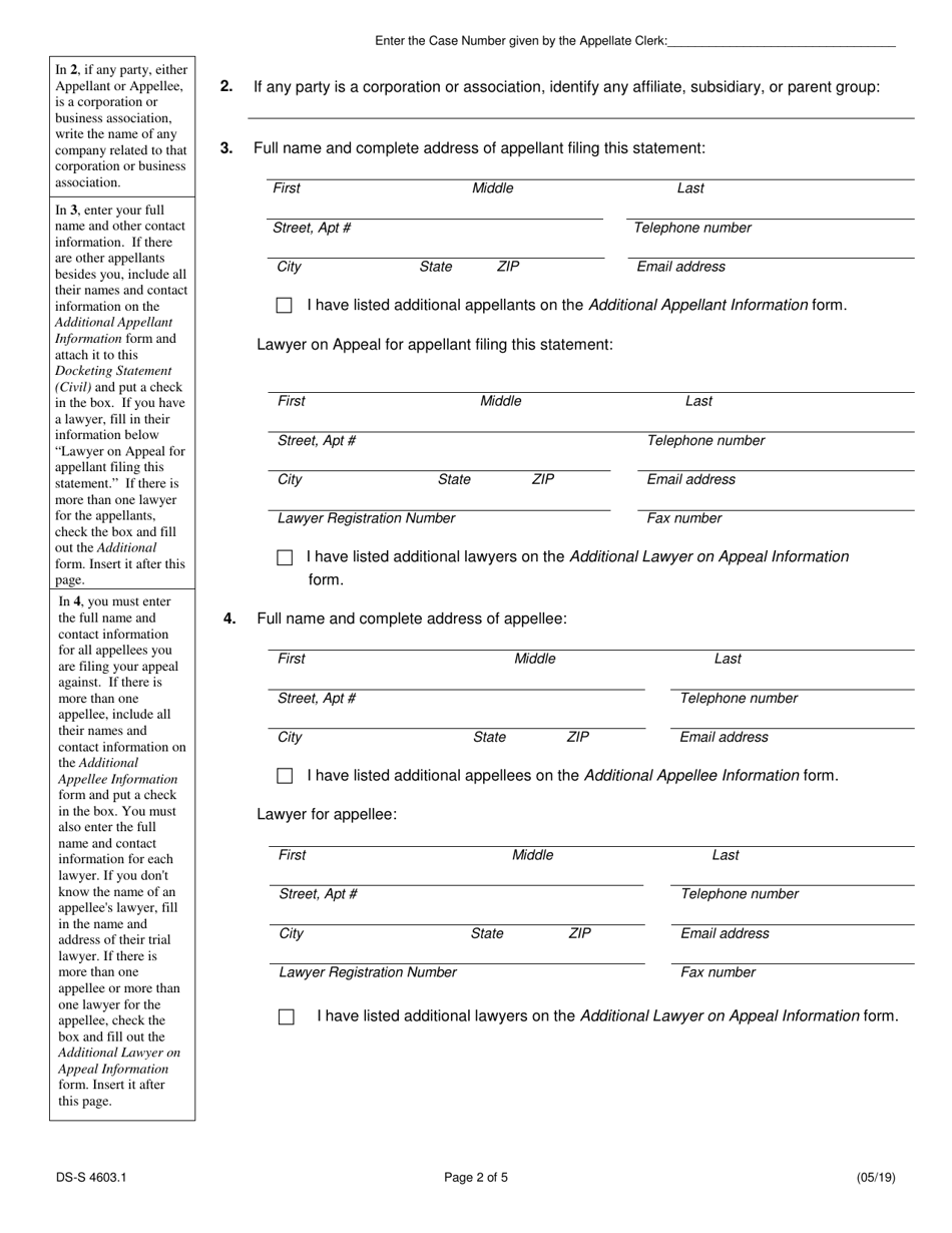 Form DS-S4603.1 Docketing Statement (Civil) - Illinois, Page 2