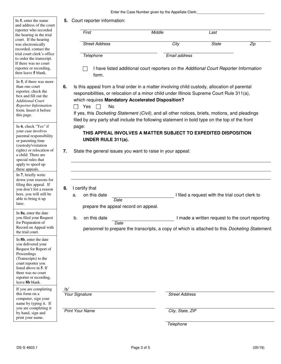 Form DS-S4603.1 Docketing Statement (Civil) - Illinois, Page 3
