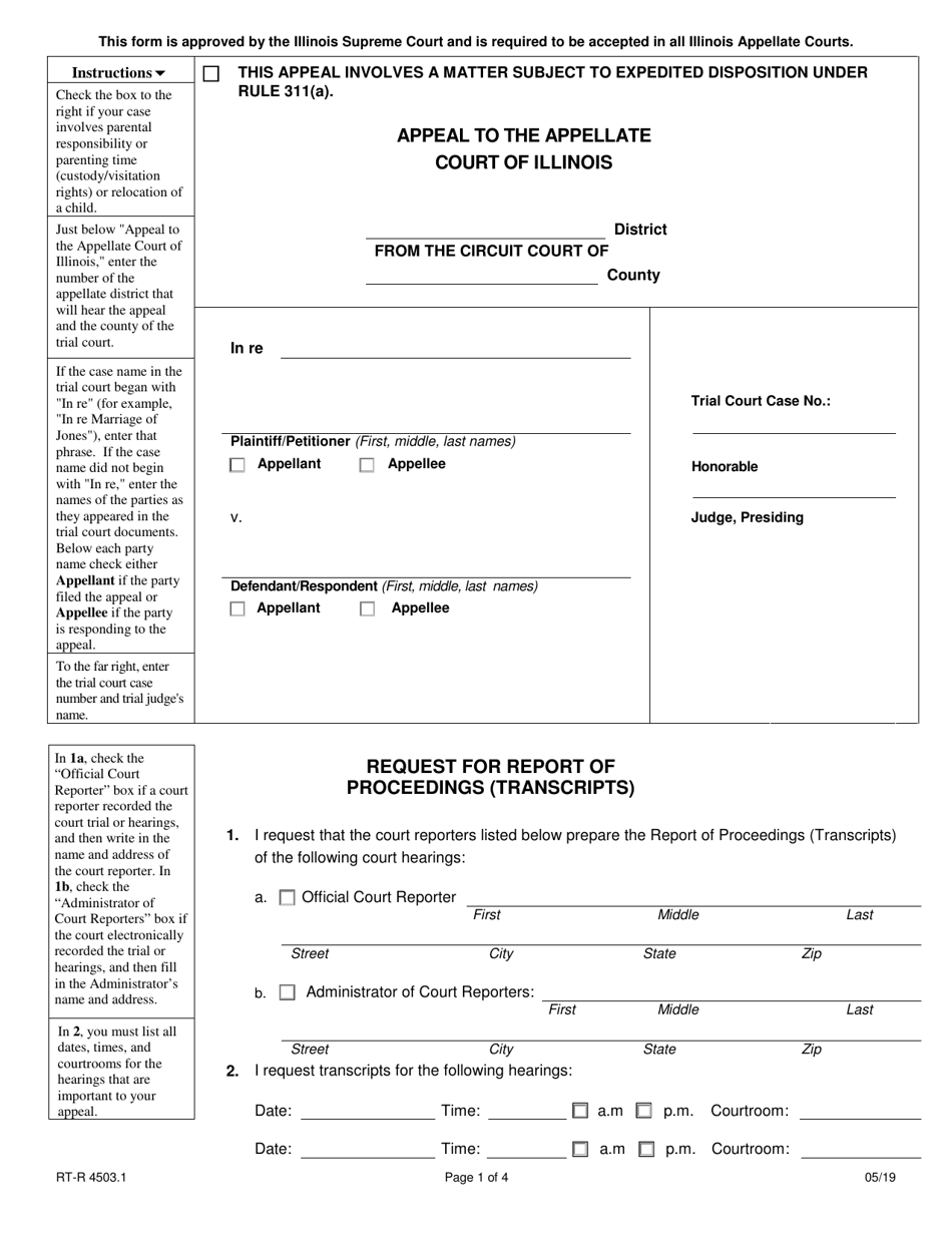 Form RT-R4503.1 Request for Report of Proceedings (Transcripts) - Illinois, Page 1