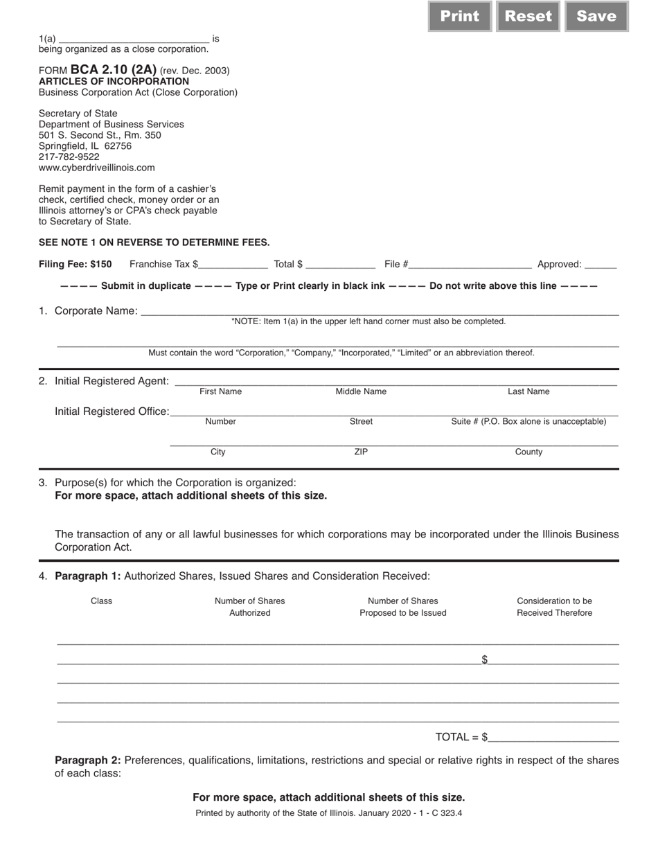 Form BCA2.10(2A) Articles of Incorporation (Close Corporation) - Illinois, Page 1