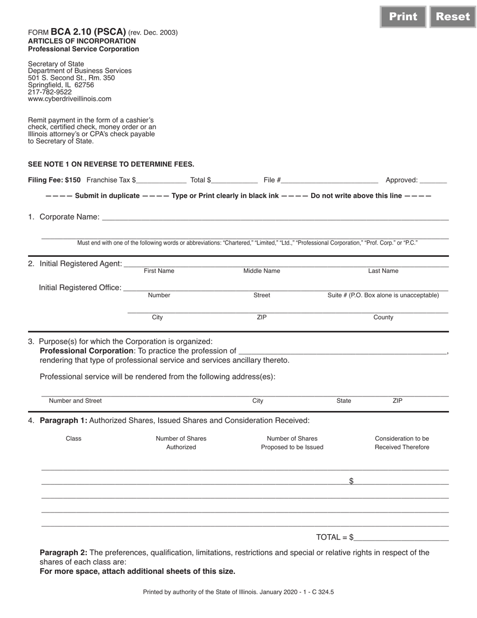 Form BCA2.10(PSCA) Articles of Incorporation (Professional Service Corporation) - Illinois, Page 1