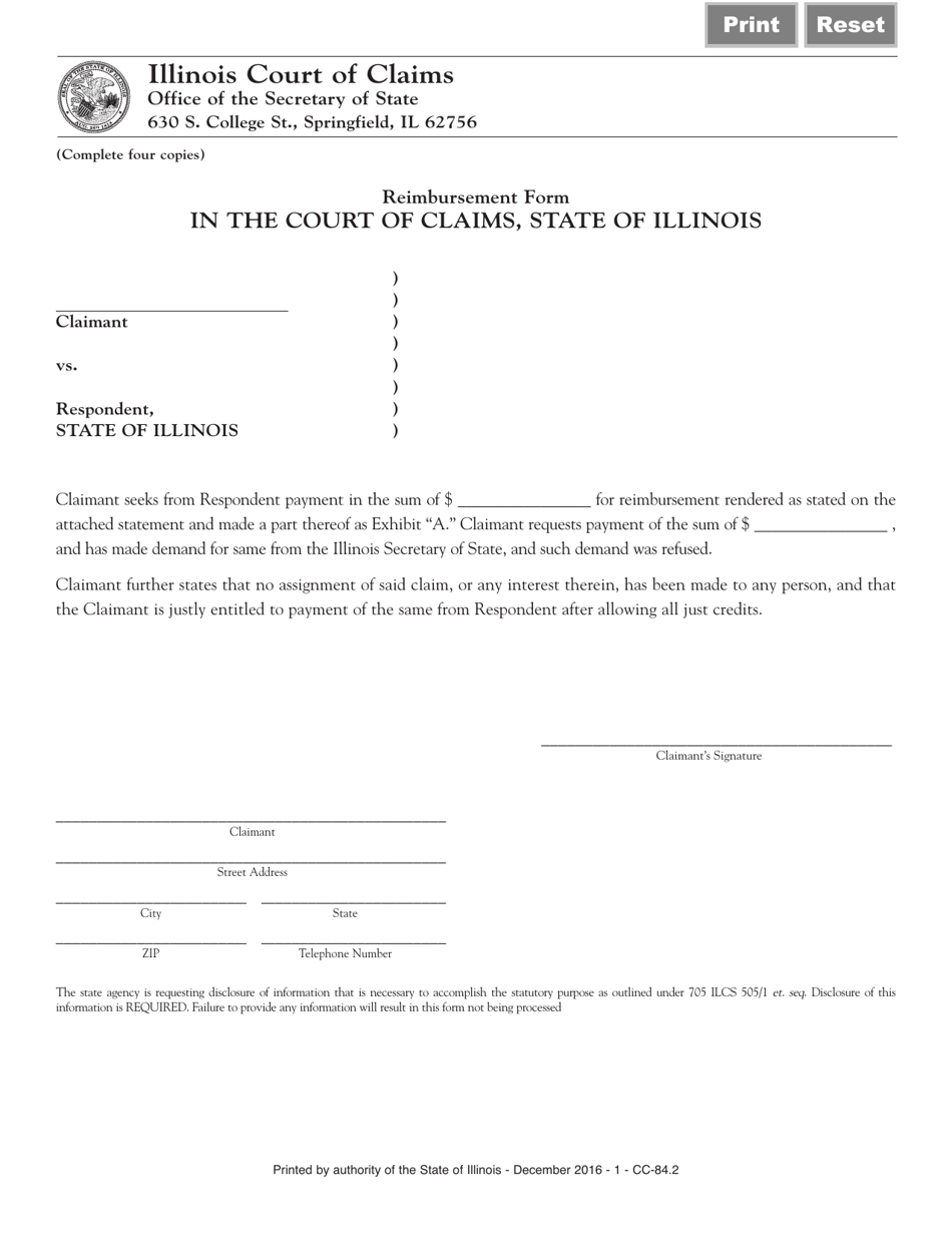 Form CC84 Reimbursement Form - Illinois, Page 1