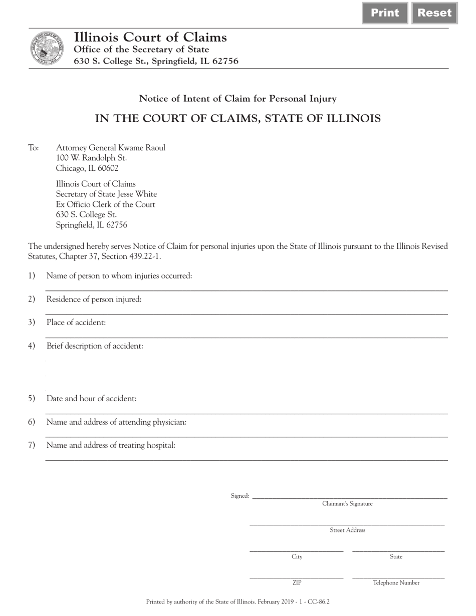 Form CC86 Notice of Intent of Claim for Personal Injury - Illinois, Page 1