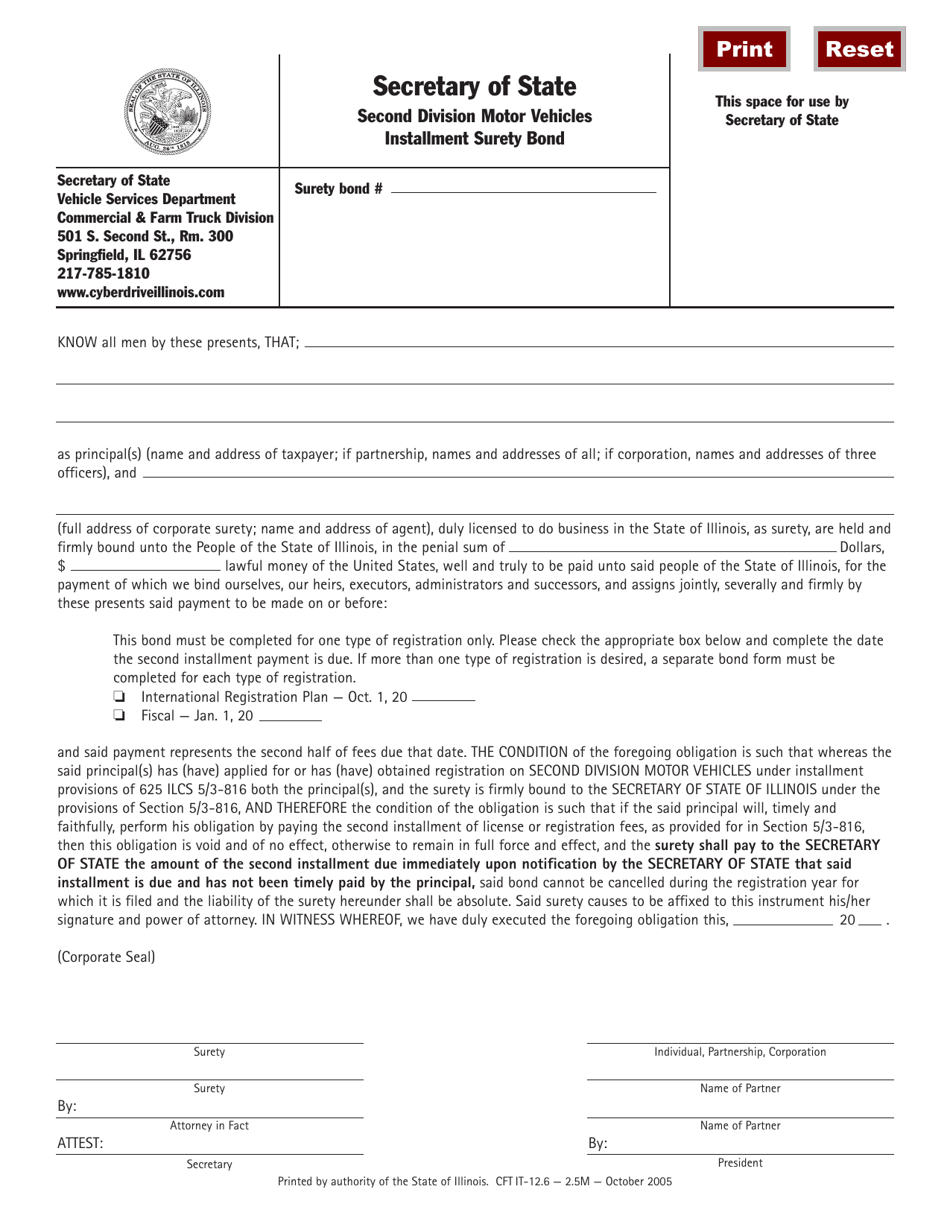 Form CFT IT12 Second Division Motor Vehicles Installment Surety Bond - Illinois, Page 1