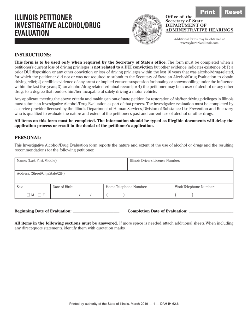 Form DAH(IH62 Illinois Petitioner Investigative Alcohol / Drug Evaluation - Illinois, Page 1