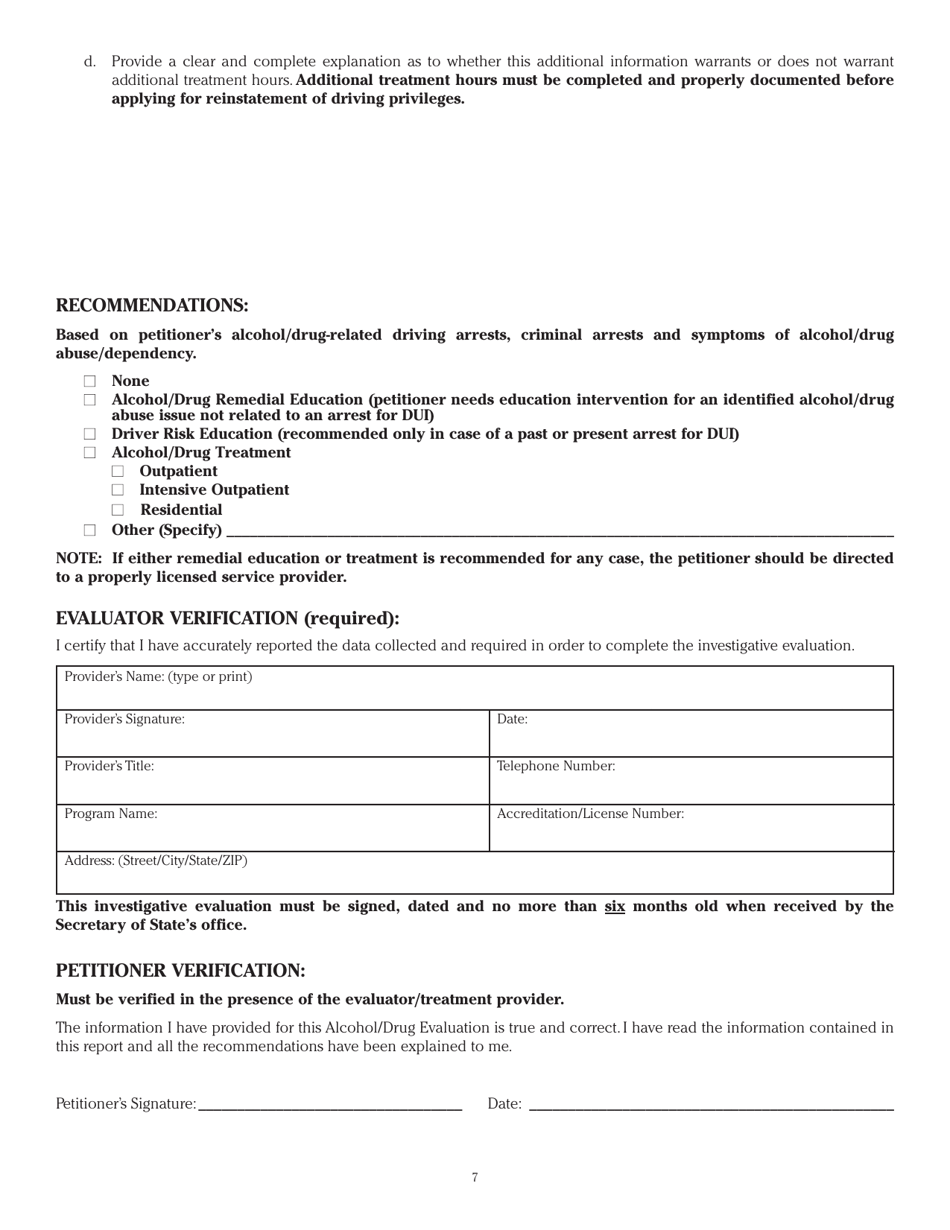 Form DAH(IH62 Illinois Petitioner Investigative Alcohol / Drug Evaluation - Illinois, Page 7