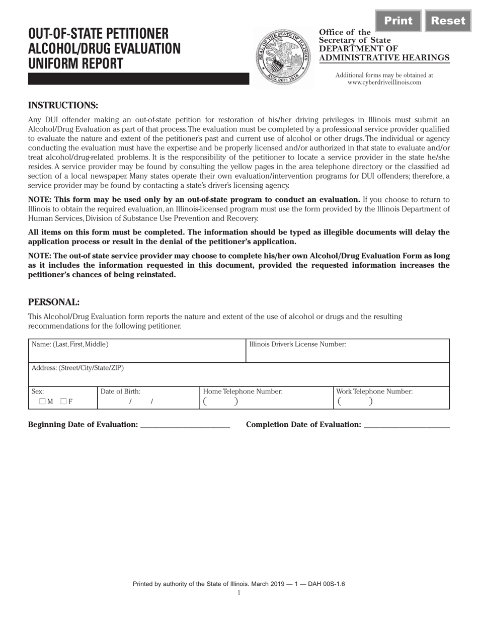 Form DAH OOS1 Out-of-State Petitioner Alcohol / Drug Evaluation Uniform Report - Illinois, Page 1