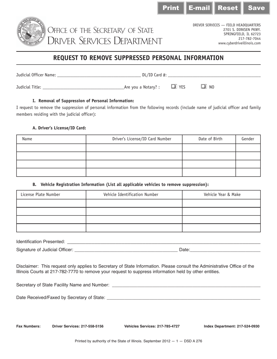 Form DSD A276 Request to Remove Suppressed Personal Information - Illinois, Page 1
