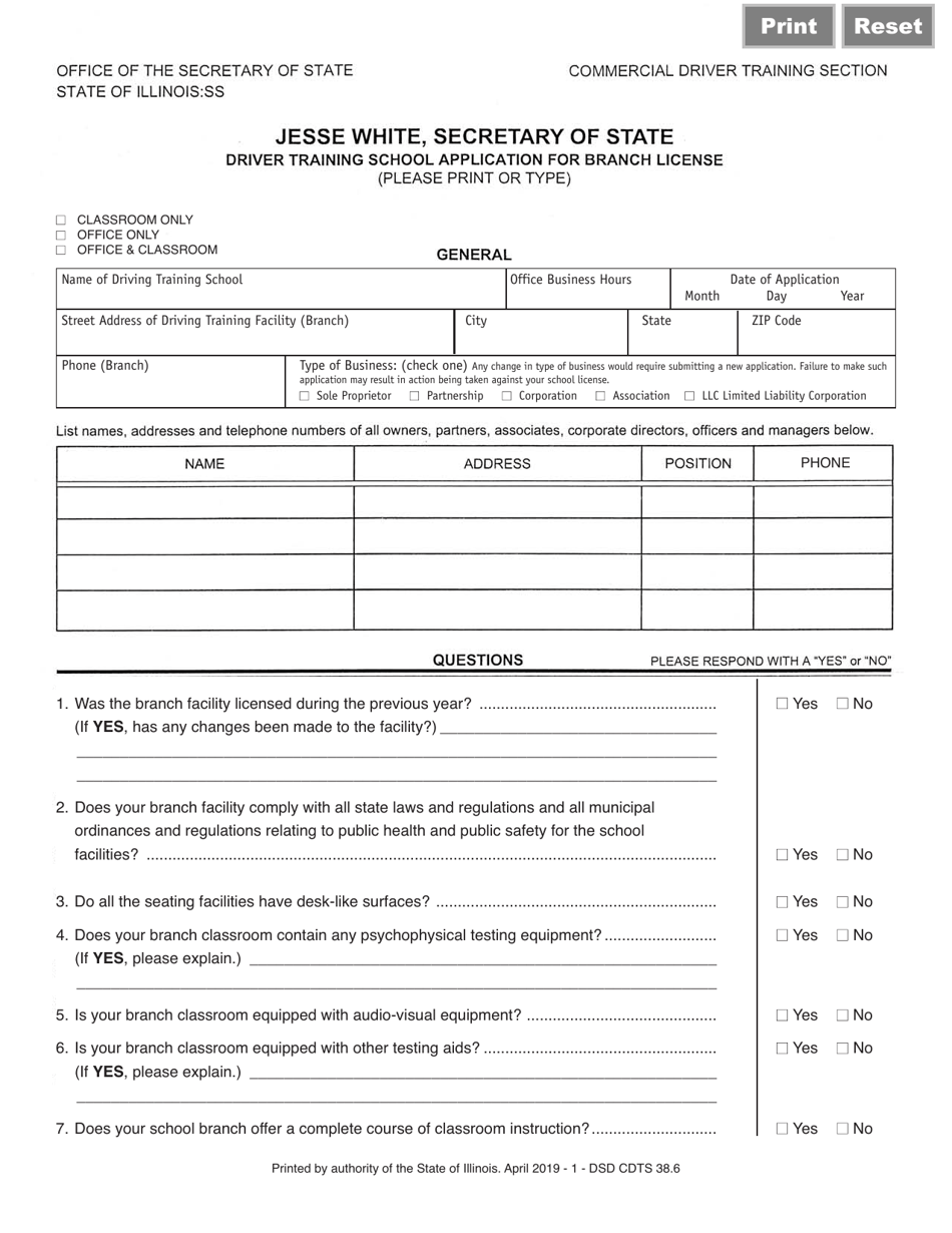 Form DSD CDTS38 Driver Training School Application for Branch License - Illinois, Page 1