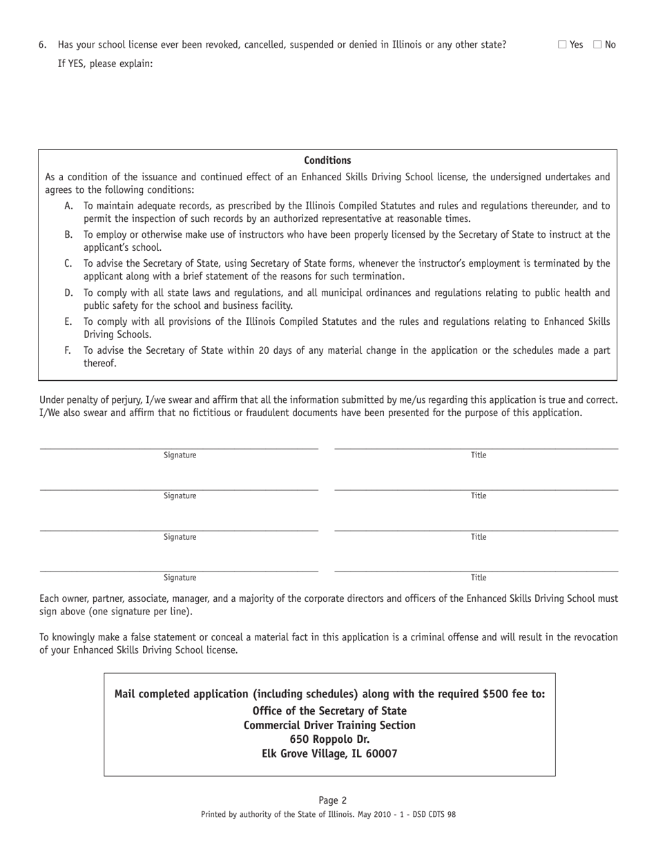 Form DSD CDTS98 Enhanced Skills Driving School Application for Main License - Illinois, Page 2