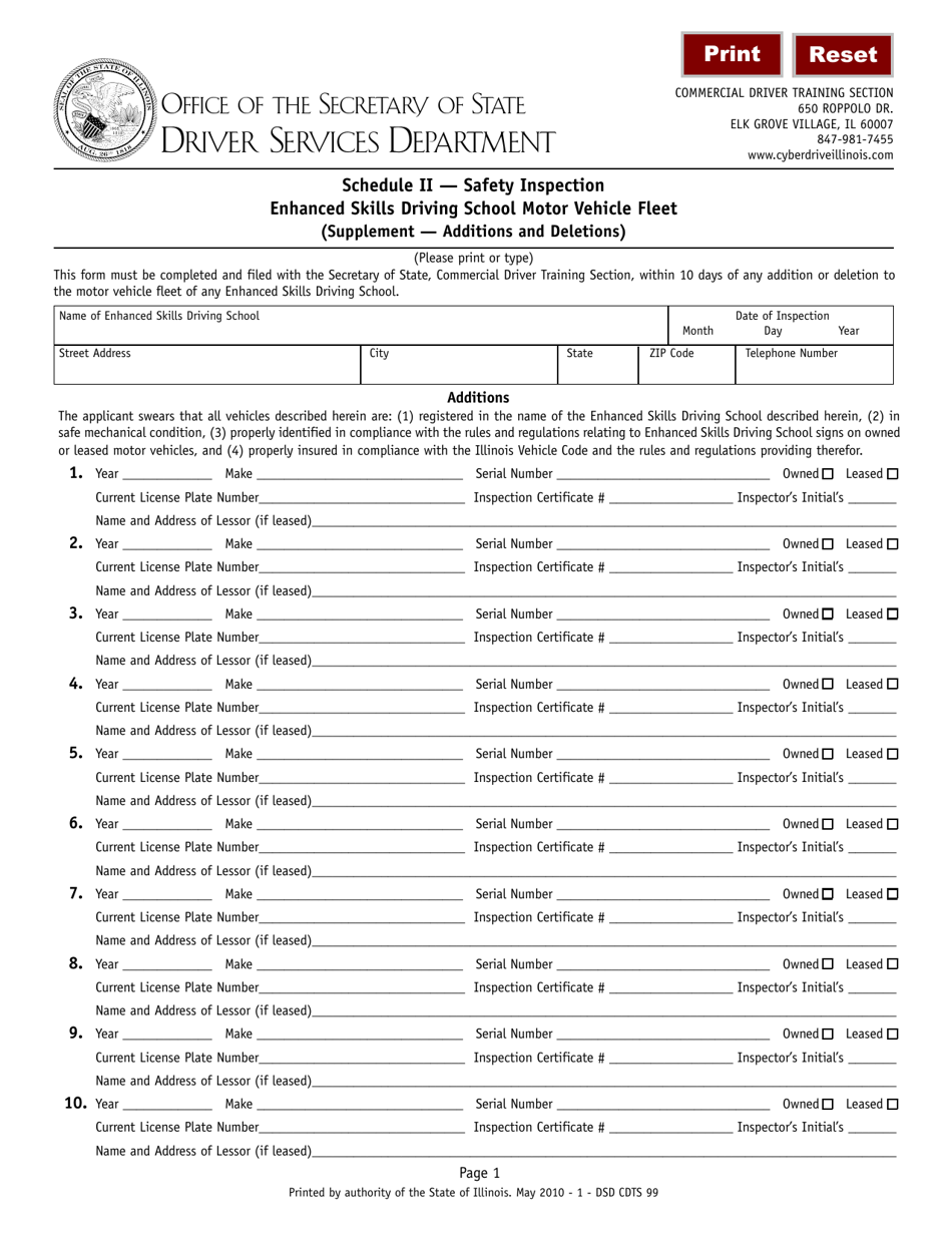 Form DSD CDTS99 Schedule II Safety Inspection Enhanced Skills Driving School Motor Vehicle Fleet (Supplement - Additions and Deletions) - Illinois, Page 1