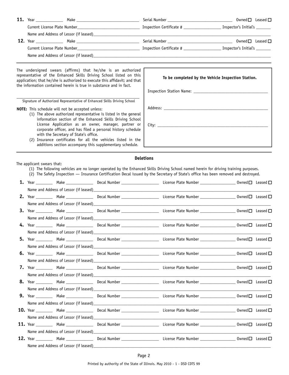 Form DSD CDTS99 Schedule II Safety Inspection Enhanced Skills Driving School Motor Vehicle Fleet (Supplement - Additions and Deletions) - Illinois, Page 2