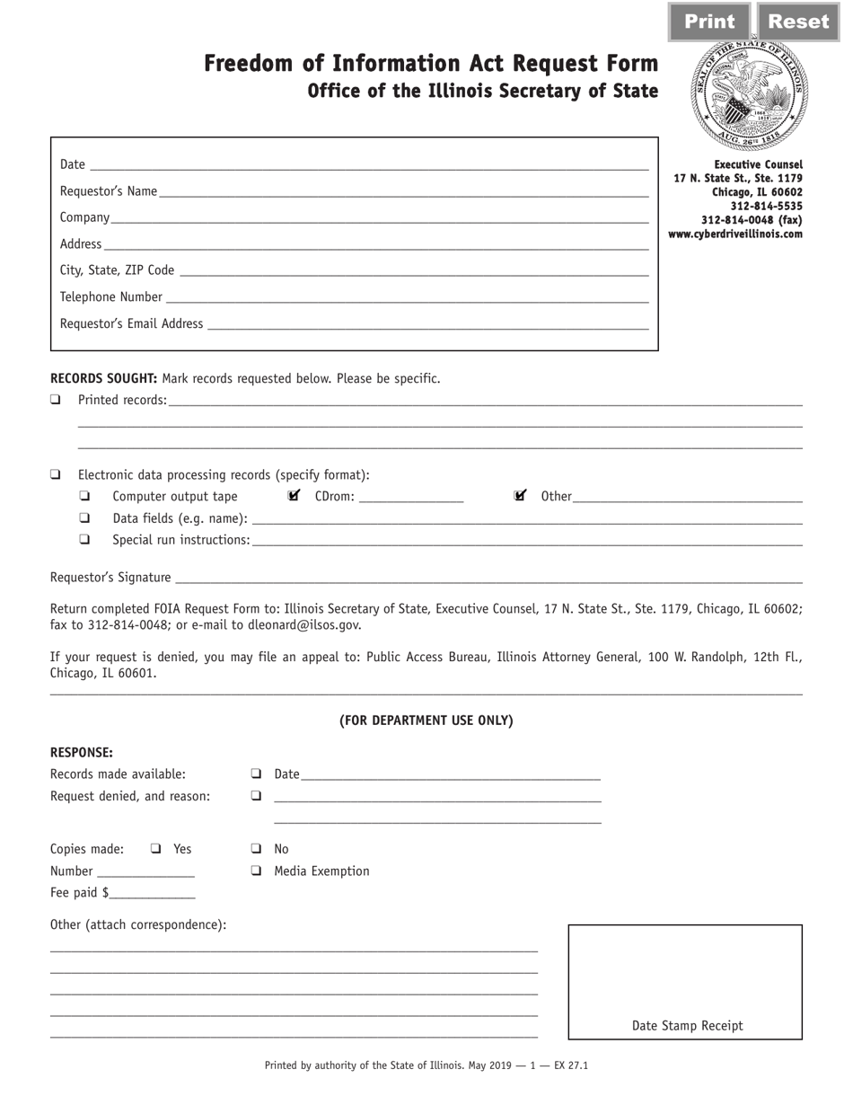 Form EX27 Freedom of Information Act Request Form - Illinois, Page 1