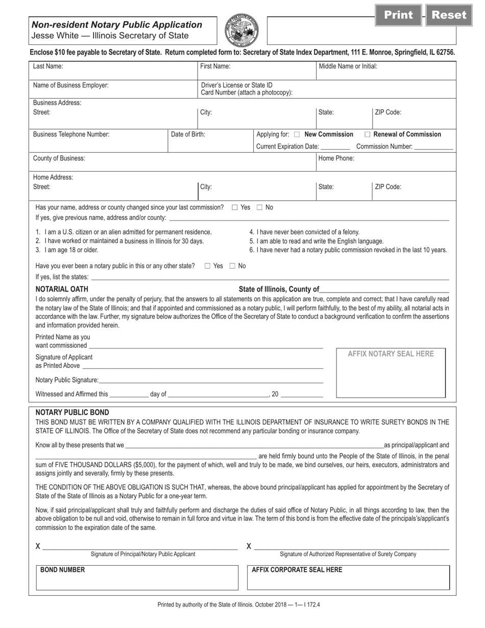Form I172 Non-resident Notary Public Application - Illinois, Page 1
