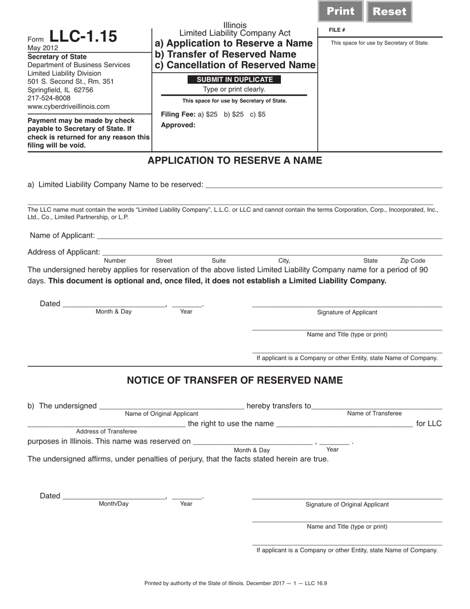 Form LLC-1.15 Application to Reserve a Name/Transfer of Reserved Name/Cancellation of Reserved Name - Illinois, Page 1