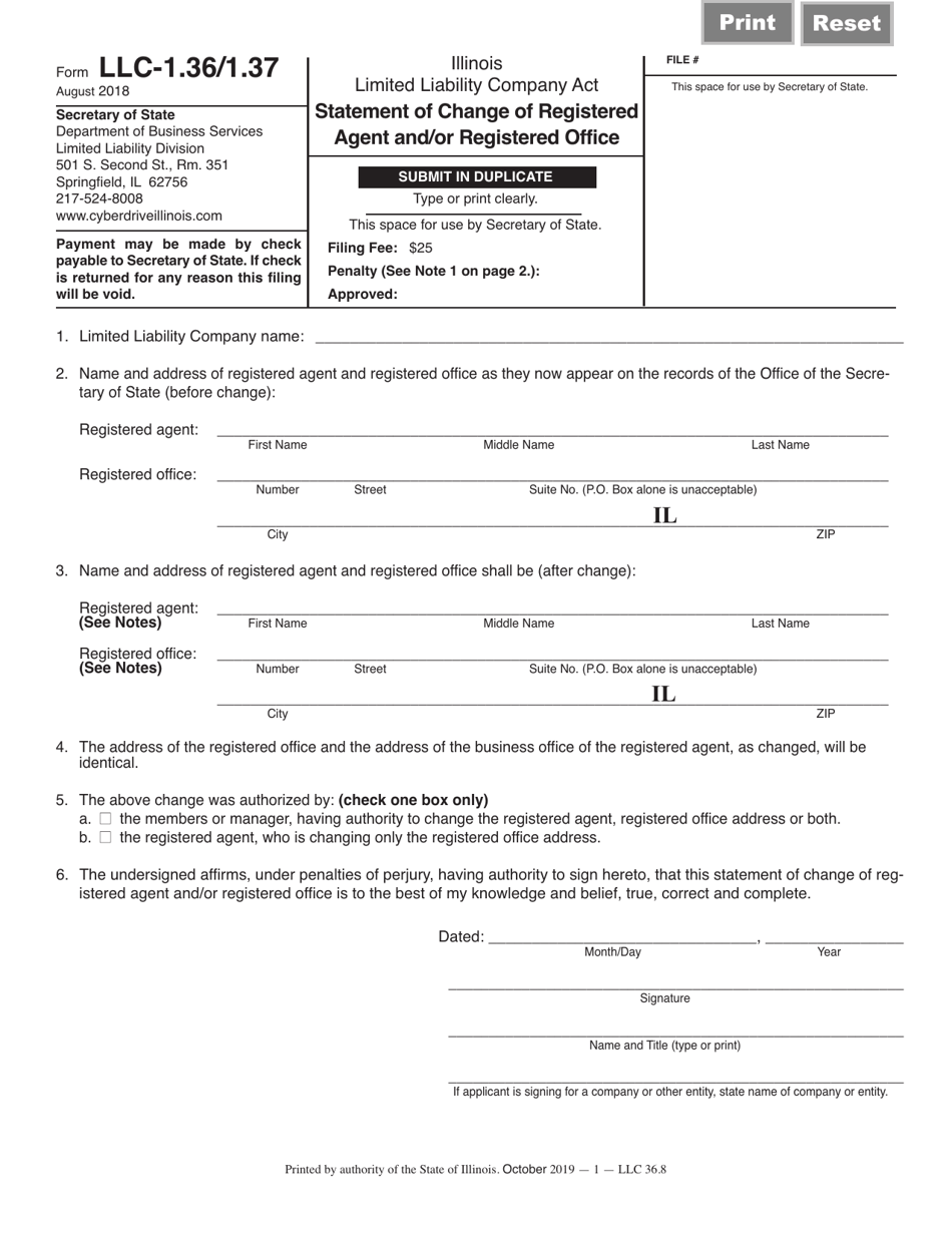 Form Llc 1 36 1 37 Download Fillable Pdf Or Fill Online Statement Of Change Of Registered Agent And Or Registered Office Illinois Templateroller