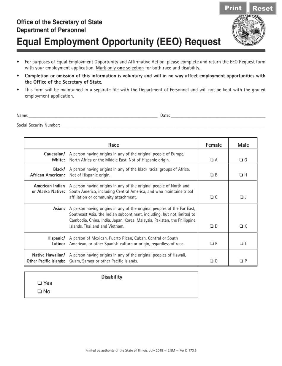 Form Per D173 Equal Employment Opportunity (EEO) Request - Illinois, Page 1