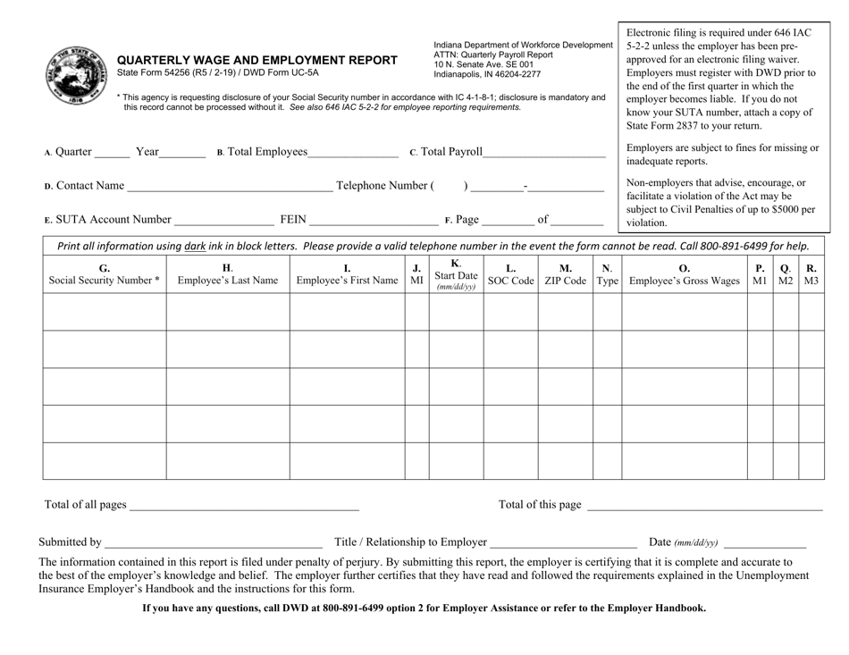 DWD Form UC-5A (State Form 54256) Quarterly Wage and Employment Report - Indiana, Page 1