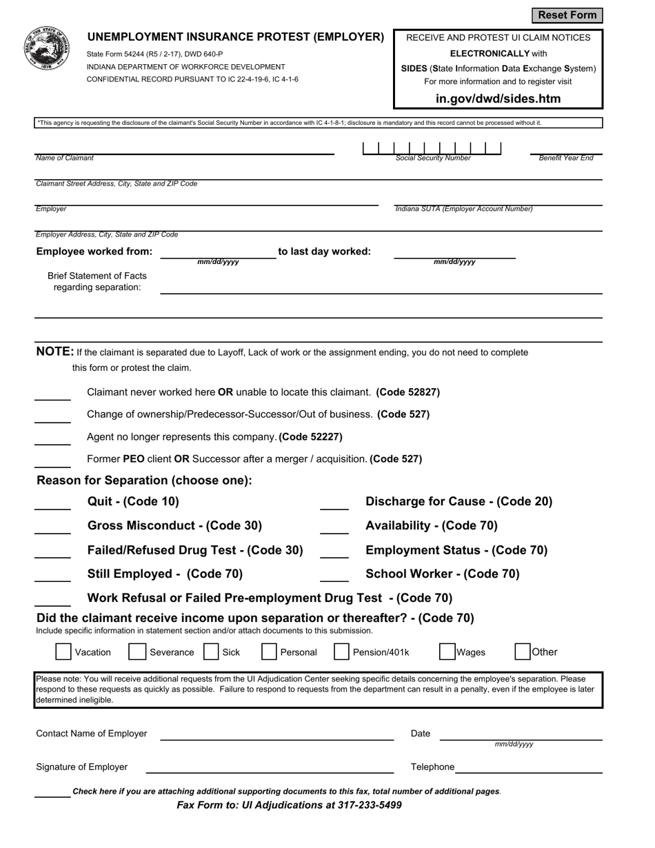 State Form 54244 Unemployment Insurance Protest (Employer) - Indiana, Page 1