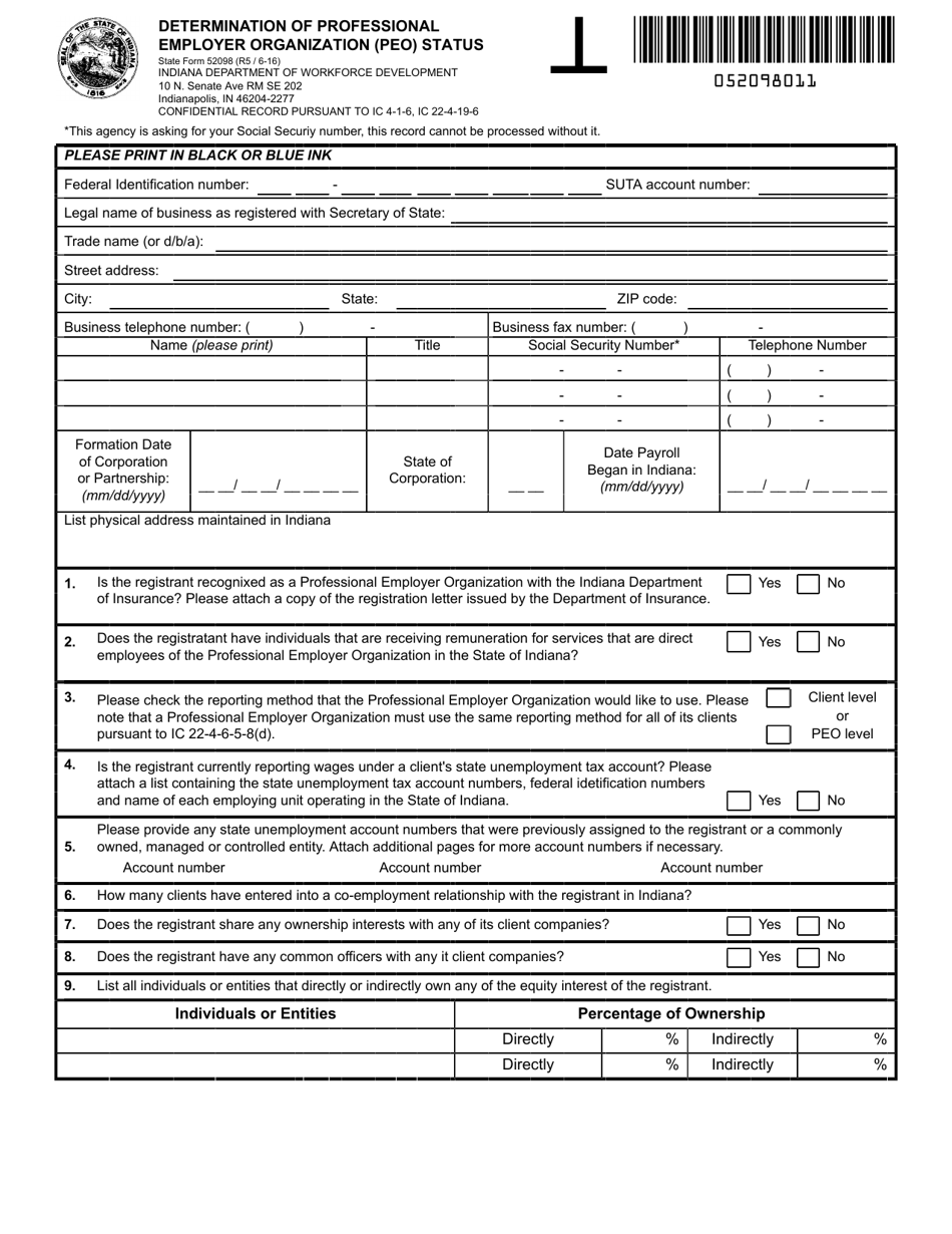 State Form 52098 Determination of Professional Employer Organization (Peo) Status - Indiana, Page 1