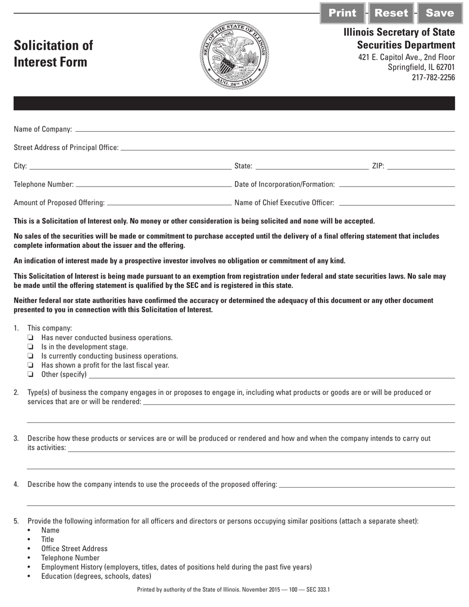 Form SEC333 Solicitation of Interest Form - Illinois, Page 1
