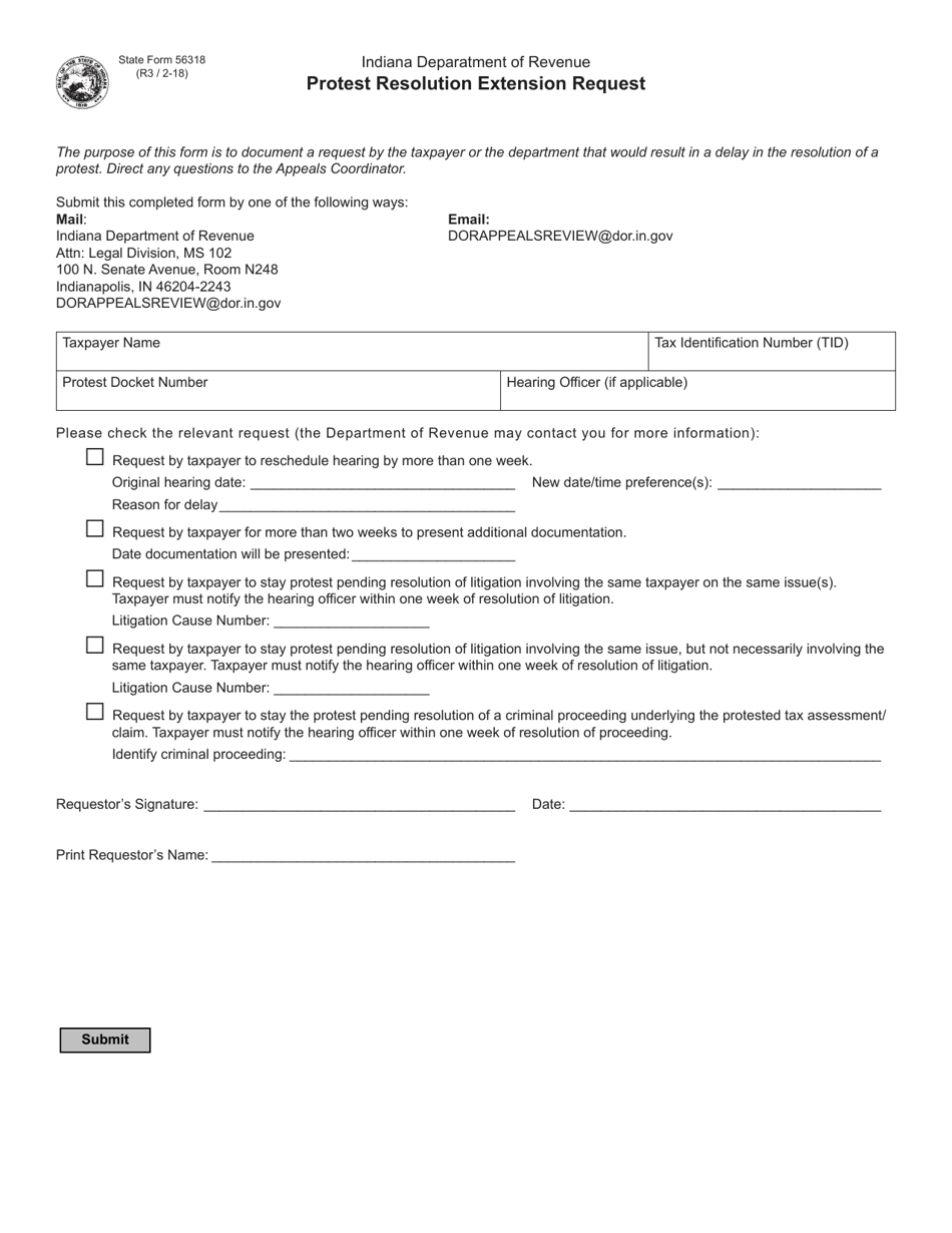 State Form 56318 Protest Resolution Extension Request - Indiana, Page 1