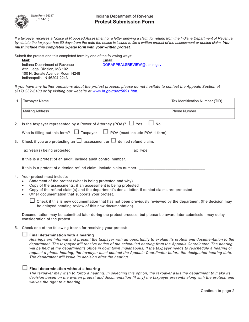 State Form 56317 Protest Submission Form - Indiana, Page 1