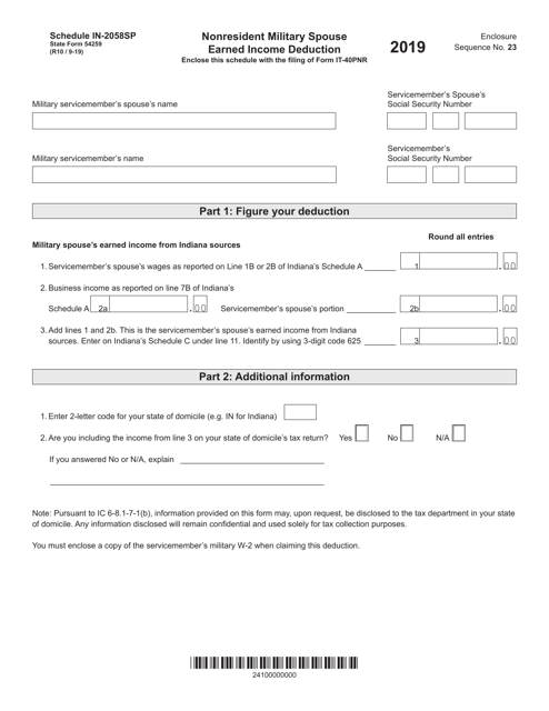 State Form 54259 Schedule IN-2058SP 2019 Printable Pdf