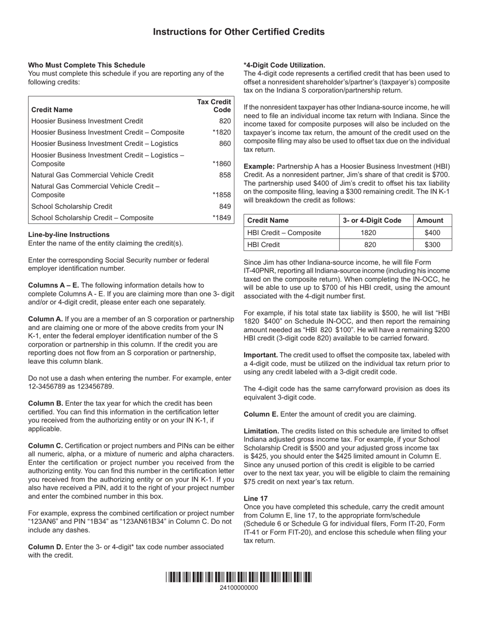 State Form 55629 Schedule IN-OCC Other Certified Credits - Indiana, Page 2