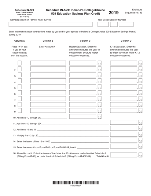 Form IT-40 (IT-40PNR; State Form 53385) Schedule IN-529 2019 Printable Pdf