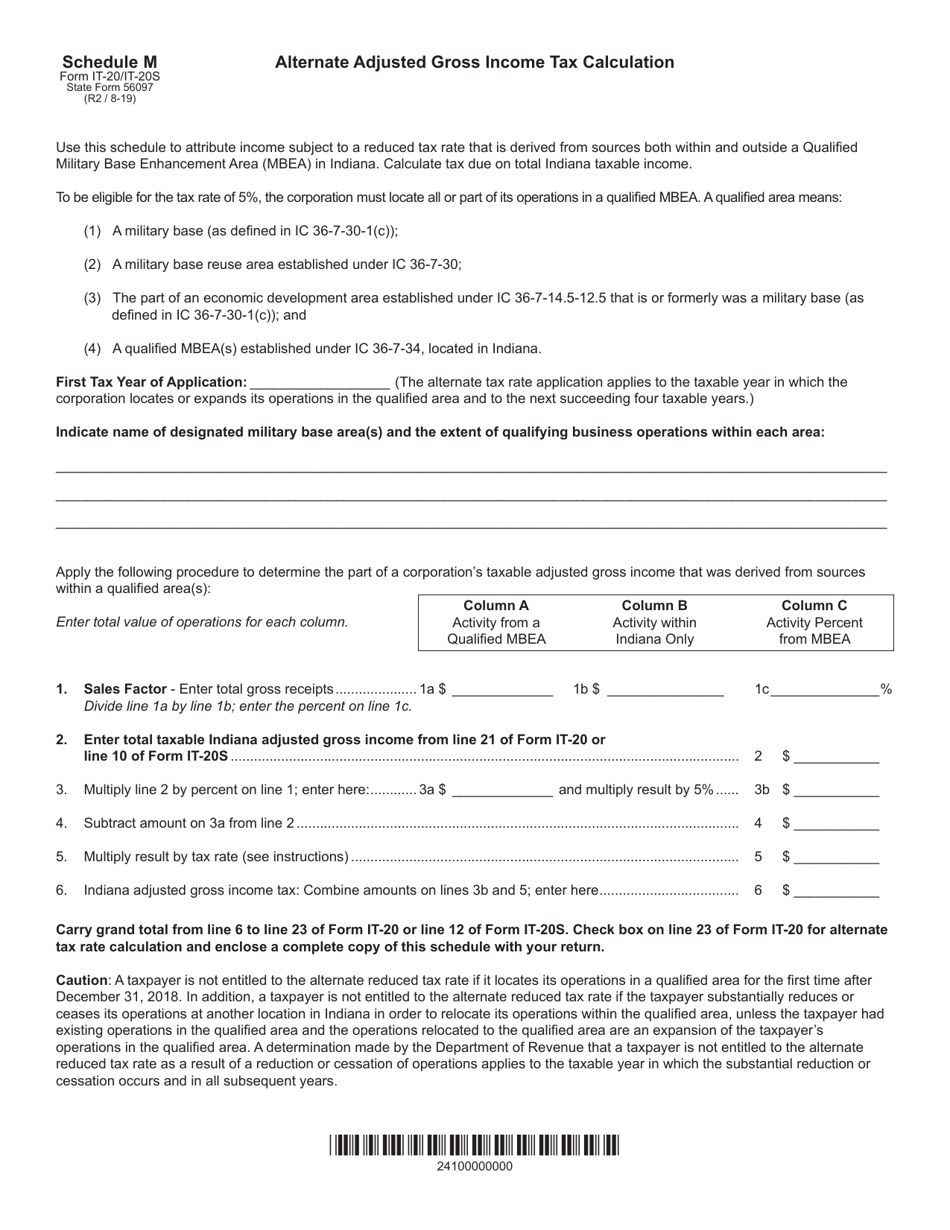 Form IT-20 (IT-20S; State Form 56097) Schedule M Alternate Adjusted Gross Income Tax Calculation - Indiana, Page 1