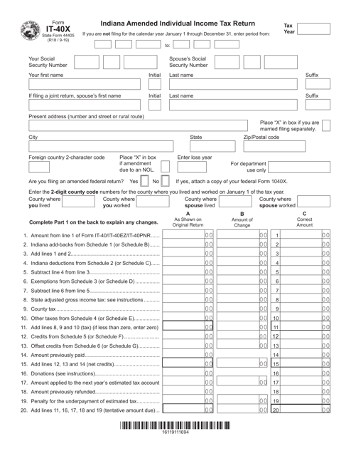 Form IT-40X (State Form 44405)  Printable Pdf
