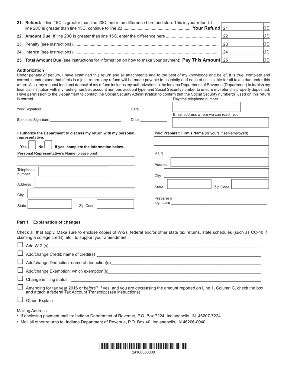 Form IT-40X (State Form 44405) Indiana Amended Individual Income Tax Return - Indiana, Page 2