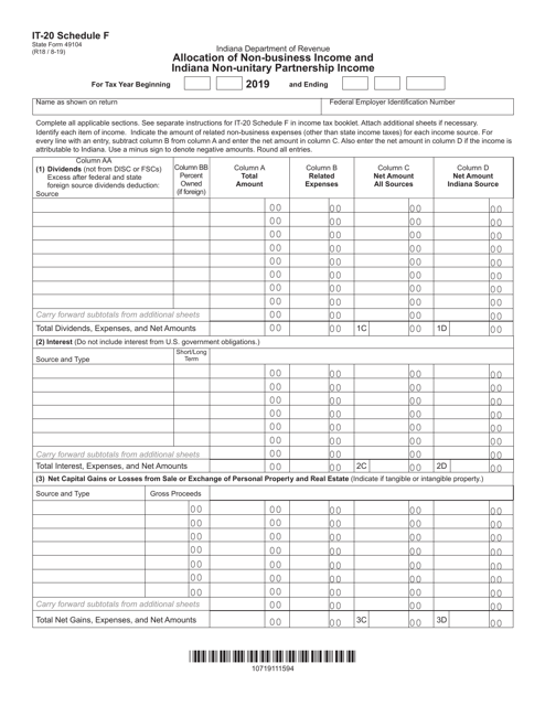 Form IT-20 (State Form 49104) Schedule F 2019 Printable Pdf