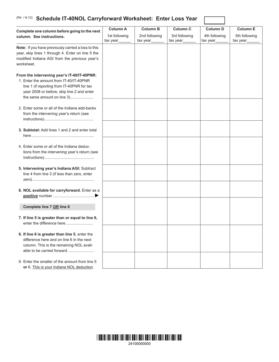 State Form 46004 Schedule IT-40NOL Individual Income Tax Net Operating Loss Computation - Indiana, Page 2