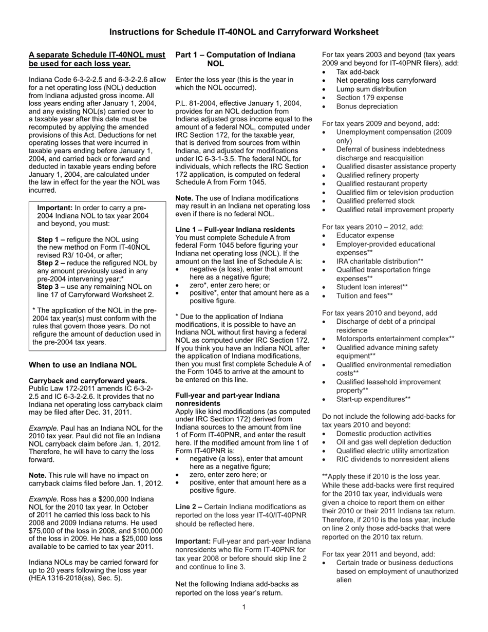State Form 46004 Schedule IT-40NOL Individual Income Tax Net Operating Loss Computation - Indiana, Page 3