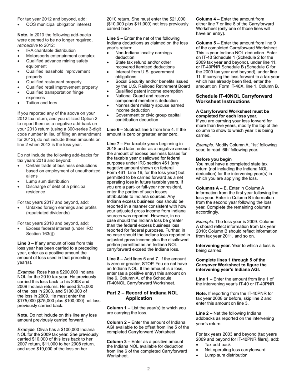 State Form 46004 Schedule IT-40NOL Individual Income Tax Net Operating Loss Computation - Indiana, Page 4