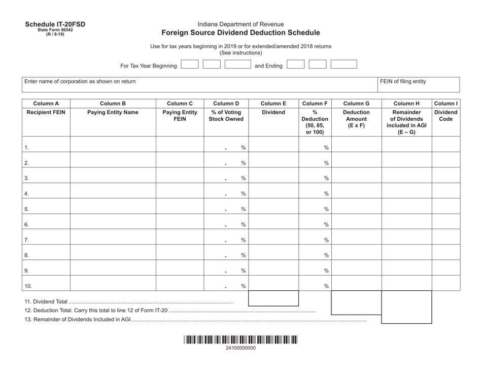 State Form 56542 Schedule IT-20FSD Foreign Source Dividend Deduction Schedule - Indiana, Page 1