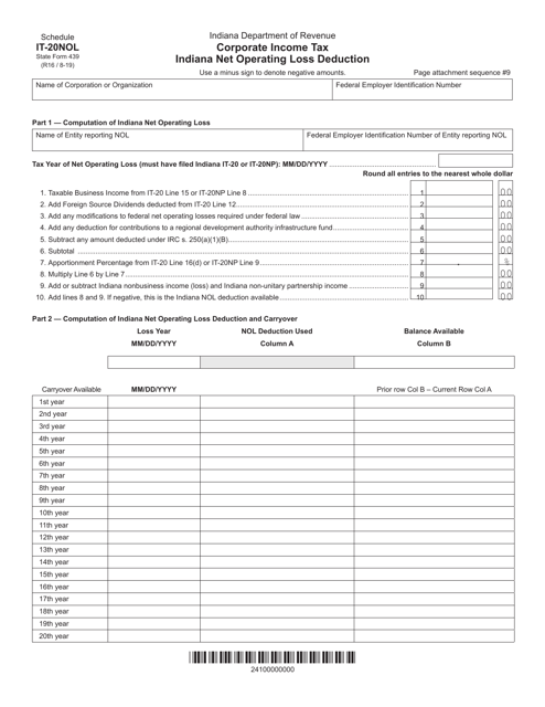 State Form 439 Schedule IT-20NOL  Printable Pdf