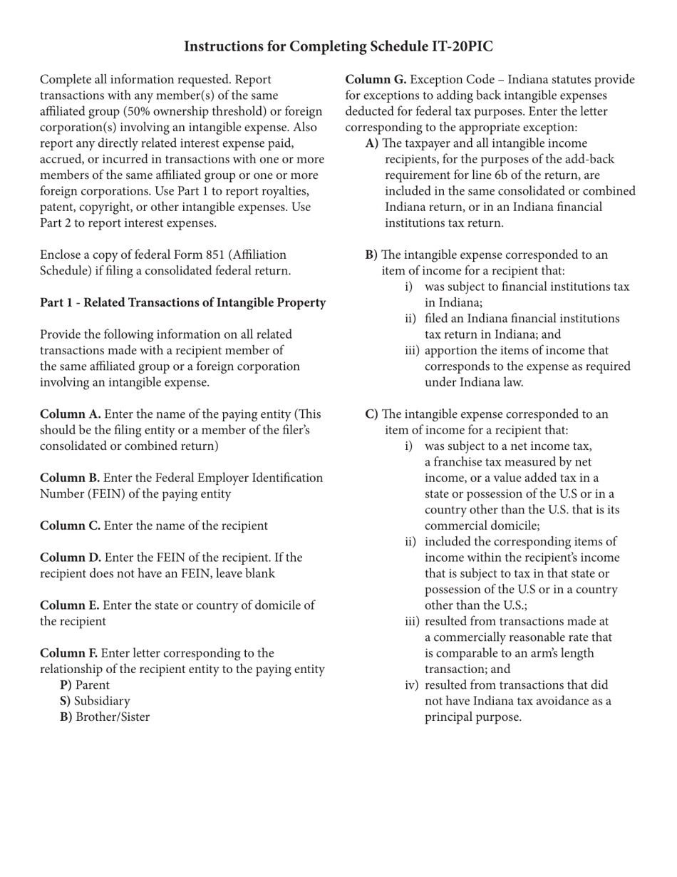 State Form 53126 Schedule IT-20PIC Disclosure of Intangible Expense and Directly Related Interest Expense - Indiana, Page 3