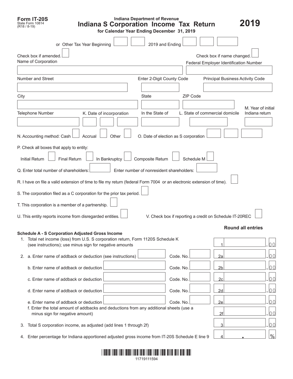Form IT-20S (State Form 10814) Indiana S Corporation Income Tax Return - Indiana, Page 1