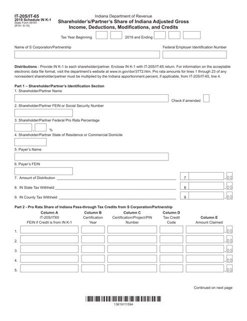 Form IT-20S (IT-65; State Form 49181) Schedule IN K-1 2019 Printable Pdf