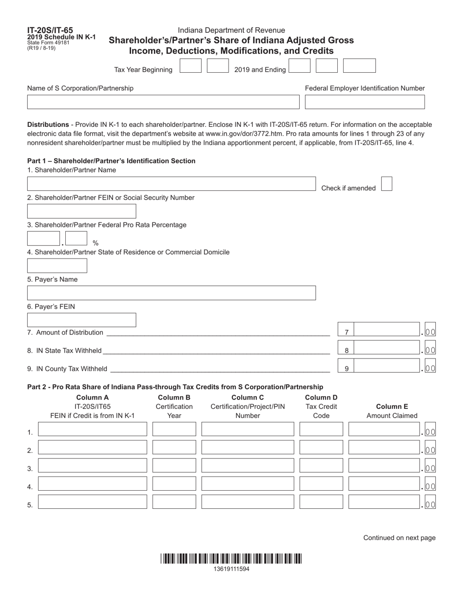 Form IT-20S (IT-65; State Form 49181) Schedule IN K-1 Shareholders / Partners Share of Indiana Adjusted Gross Income, Deductions, Modifications, and Credits - Indiana, Page 1