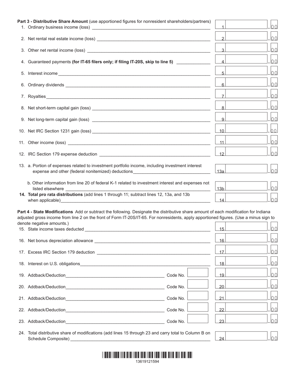 Form IT-20S (IT-65; State Form 49181) Schedule IN K-1 Shareholders / Partners Share of Indiana Adjusted Gross Income, Deductions, Modifications, and Credits - Indiana, Page 2