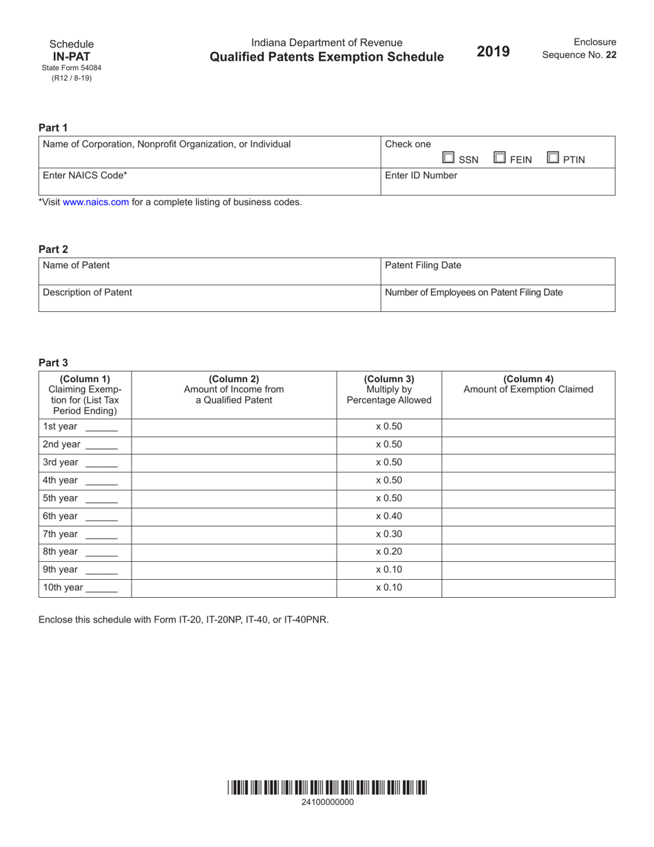 State Form 54084 Schedule IN-PAT Qualified Patents Exemption Schedule - Indiana, Page 1