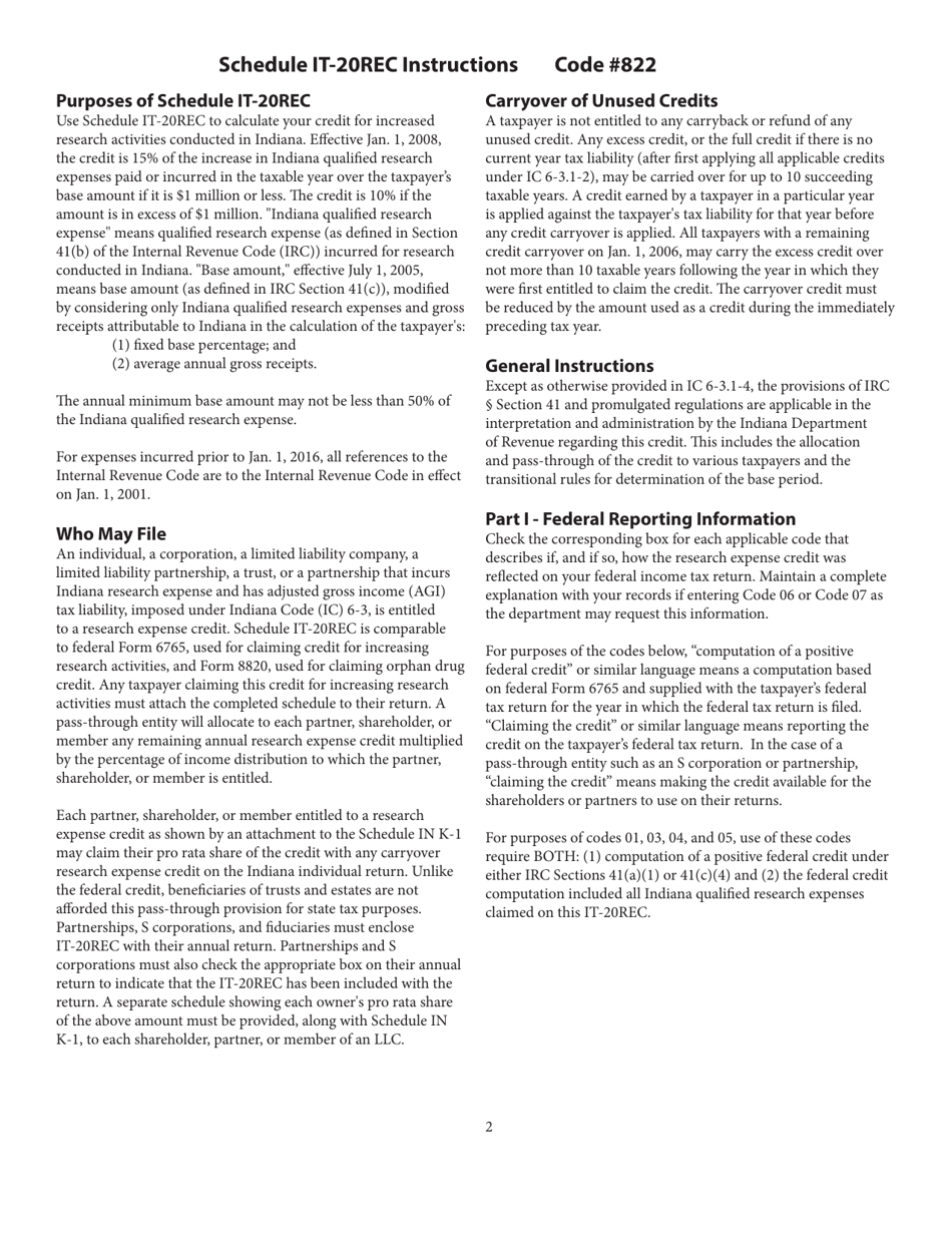 State Form 49184 Schedule IT-20REC Indiana Research Expense Tax Credit (#822) - Indiana, Page 2