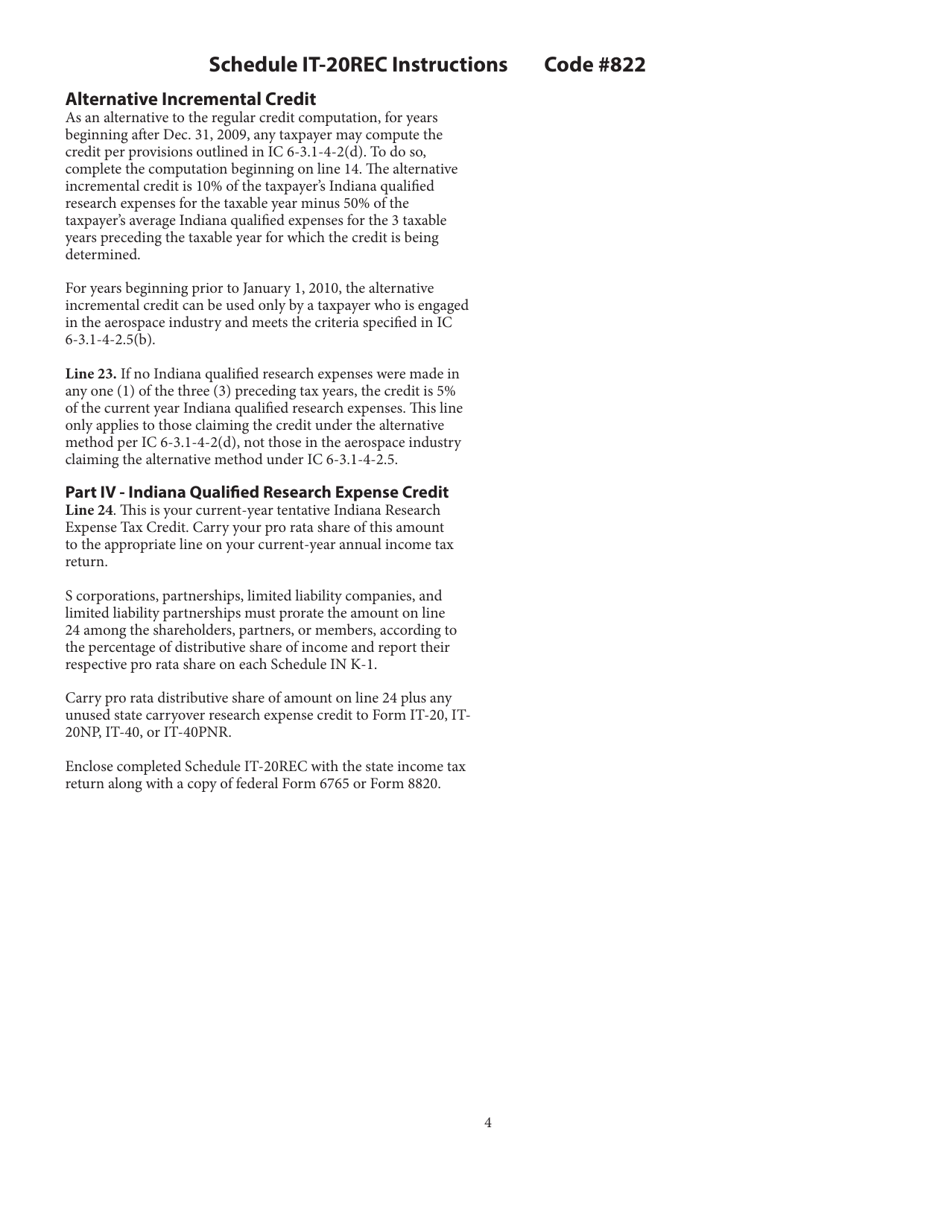 State Form 49184 Schedule IT-20REC Indiana Research Expense Tax Credit (#822) - Indiana, Page 4