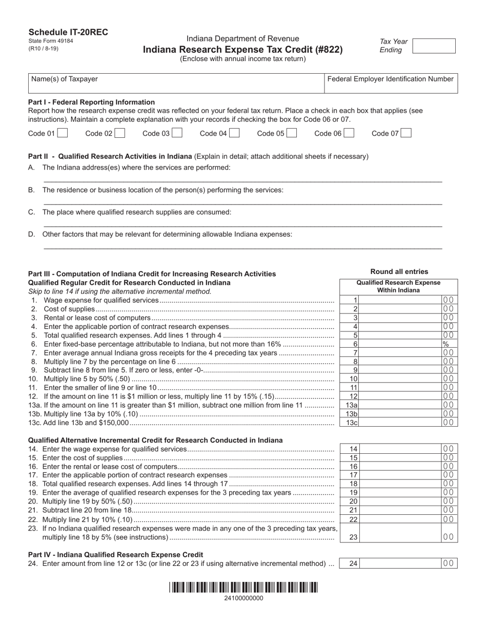 State Form 49184 Schedule IT-20REC Download Fillable PDF or Fill Online